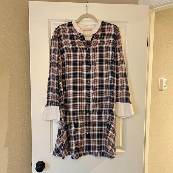 Tory Burch Navy Blue Plaid Drop Waist Button Up Dress, Long Sleeves - Picture 1 of 4